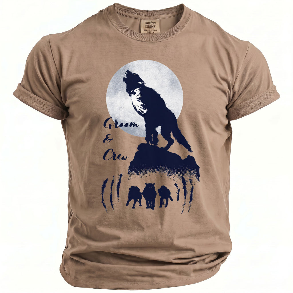 T-shirt with dark blue wolf graphic and text "Groom & Crew."