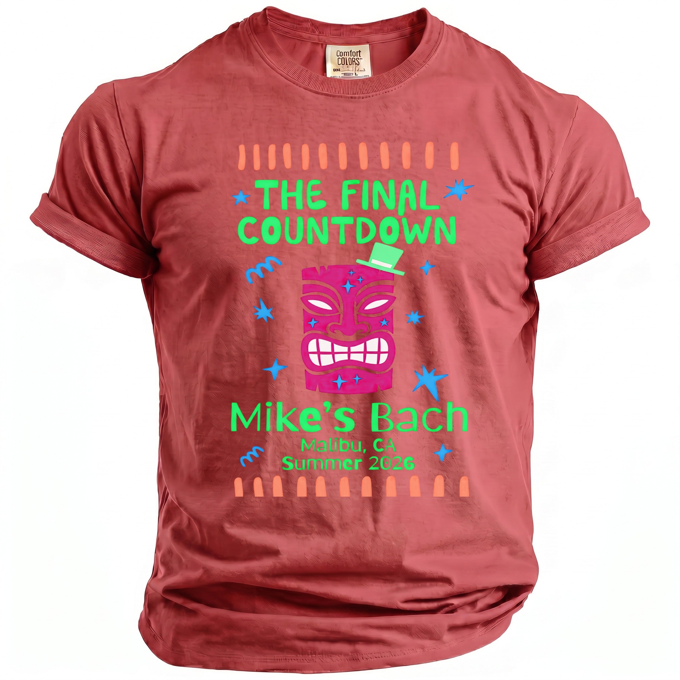 T-shirt with a tiki mask graphic, "The Final Countdown," and "Mike's Bach Malibu, CA Summer 2026."