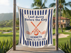 Personalized "Last Swing Before the Ring" banner with crossed golf clubs and ring.