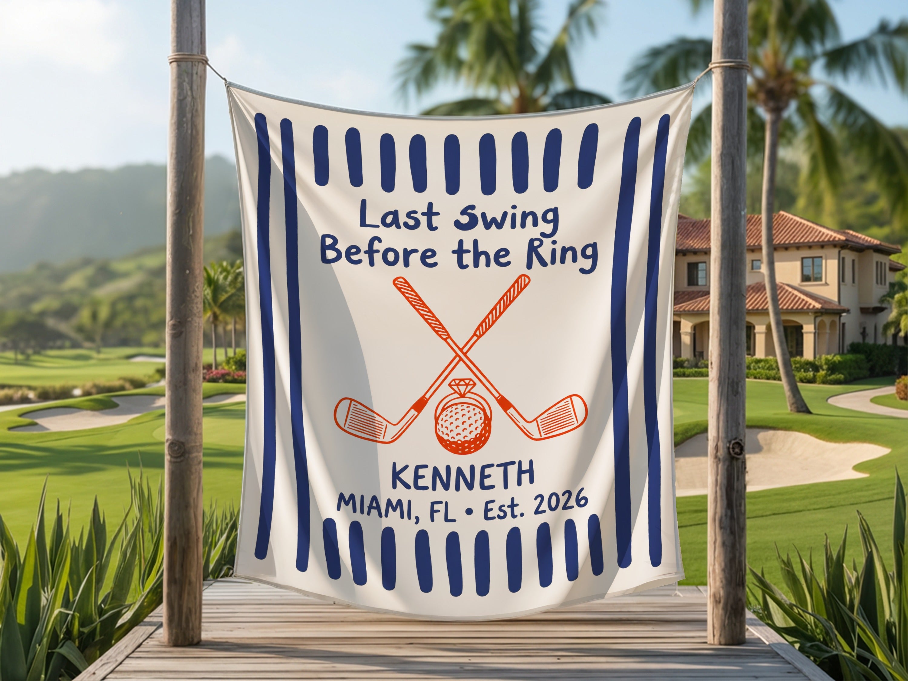 Personalized "Last Swing Before the Ring" banner with crossed golf clubs and ring.
