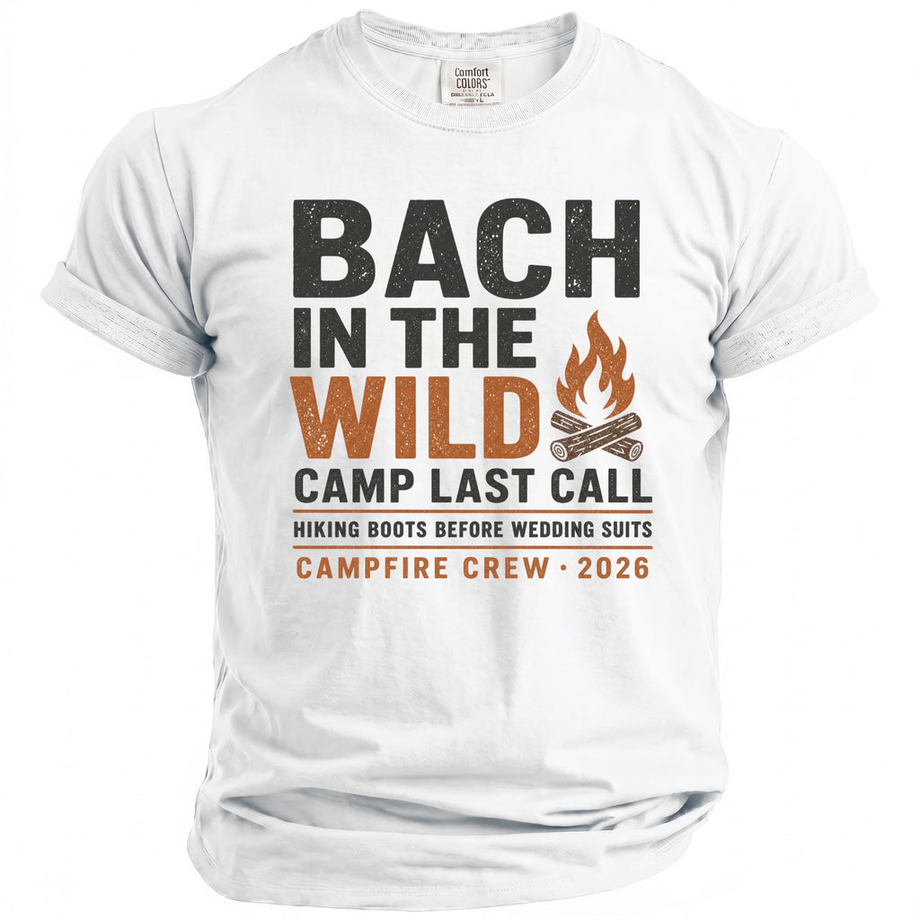 White t-shirt with "Bach in the Wild" and campfire graphic.