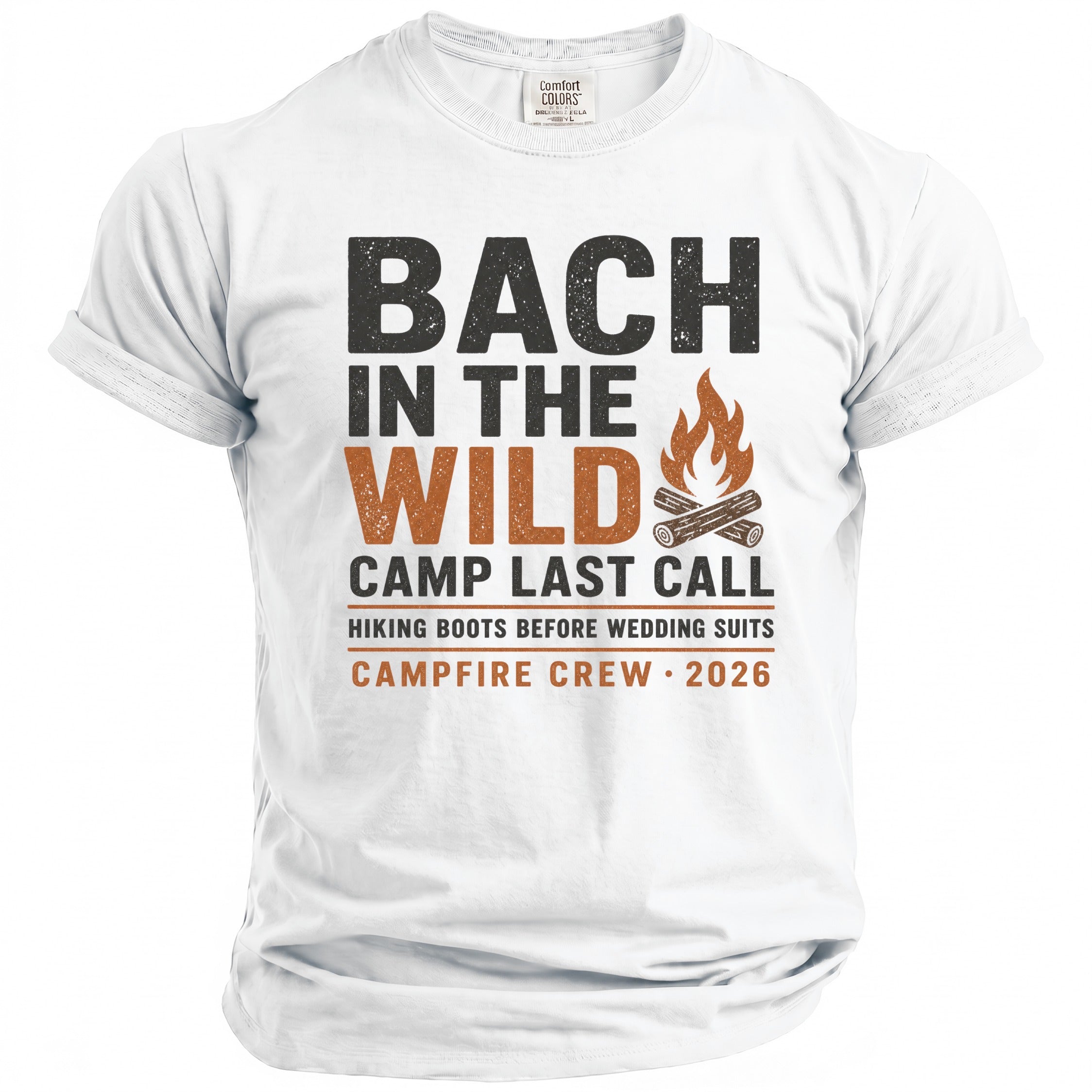 White t-shirt with "Bach in the Wild" and campfire graphic.