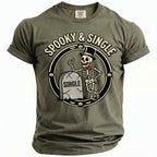Olive green t-shirt with skeleton, tombstone reading "SINGLE", and "SPOOKY & SINGLE" text.