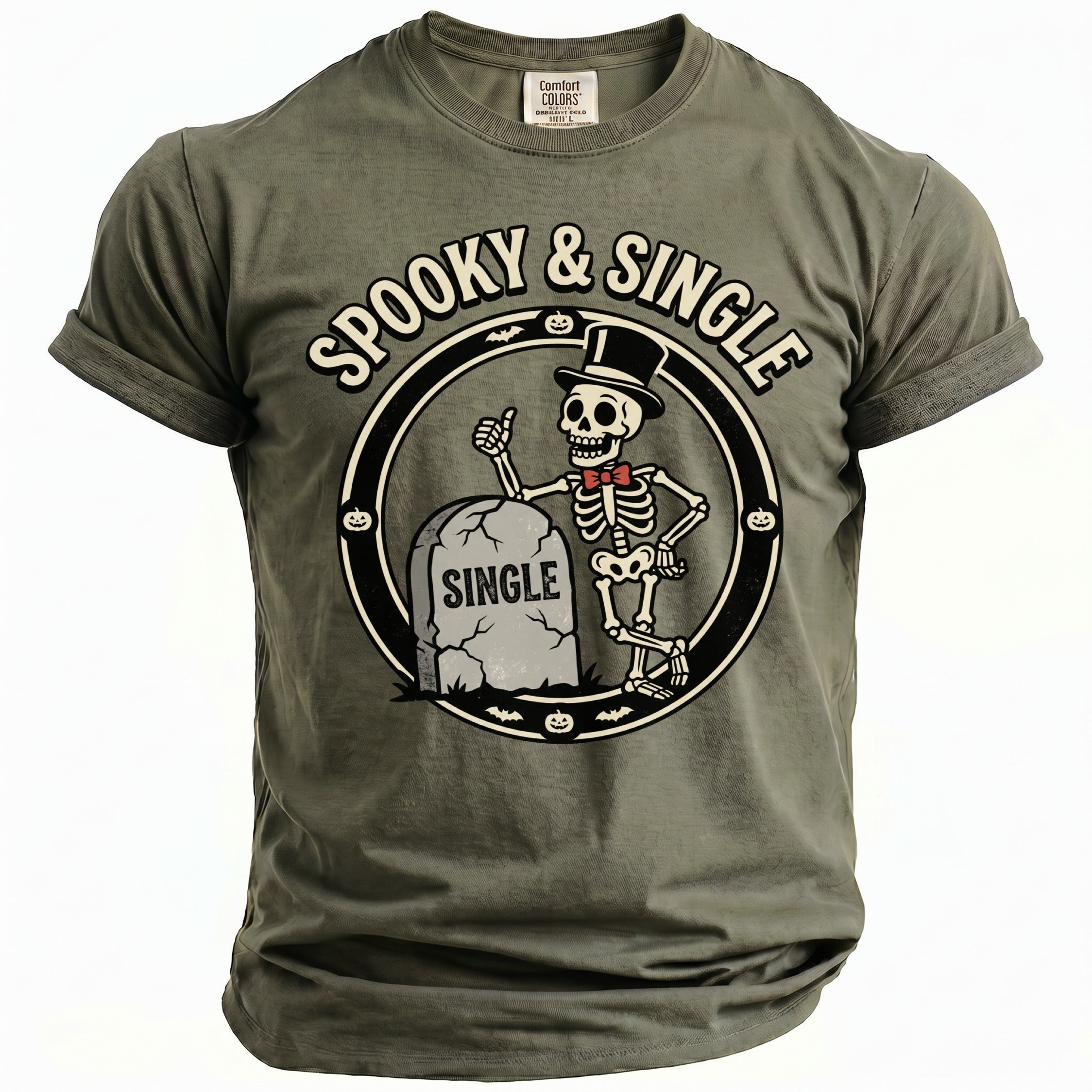 Olive green t-shirt with skeleton, tombstone reading "SINGLE", and "SPOOKY & SINGLE" text.