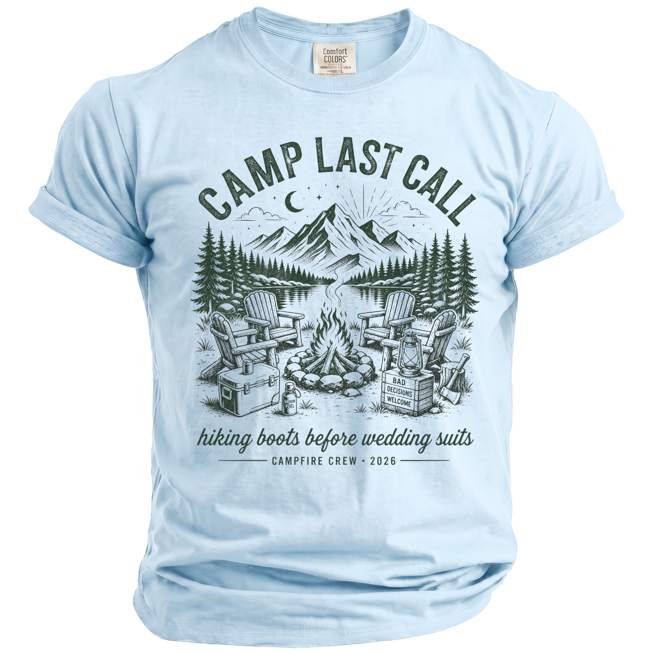 Light blue t-shirt with "CAMP LAST CALL" graphic and campfire scene.