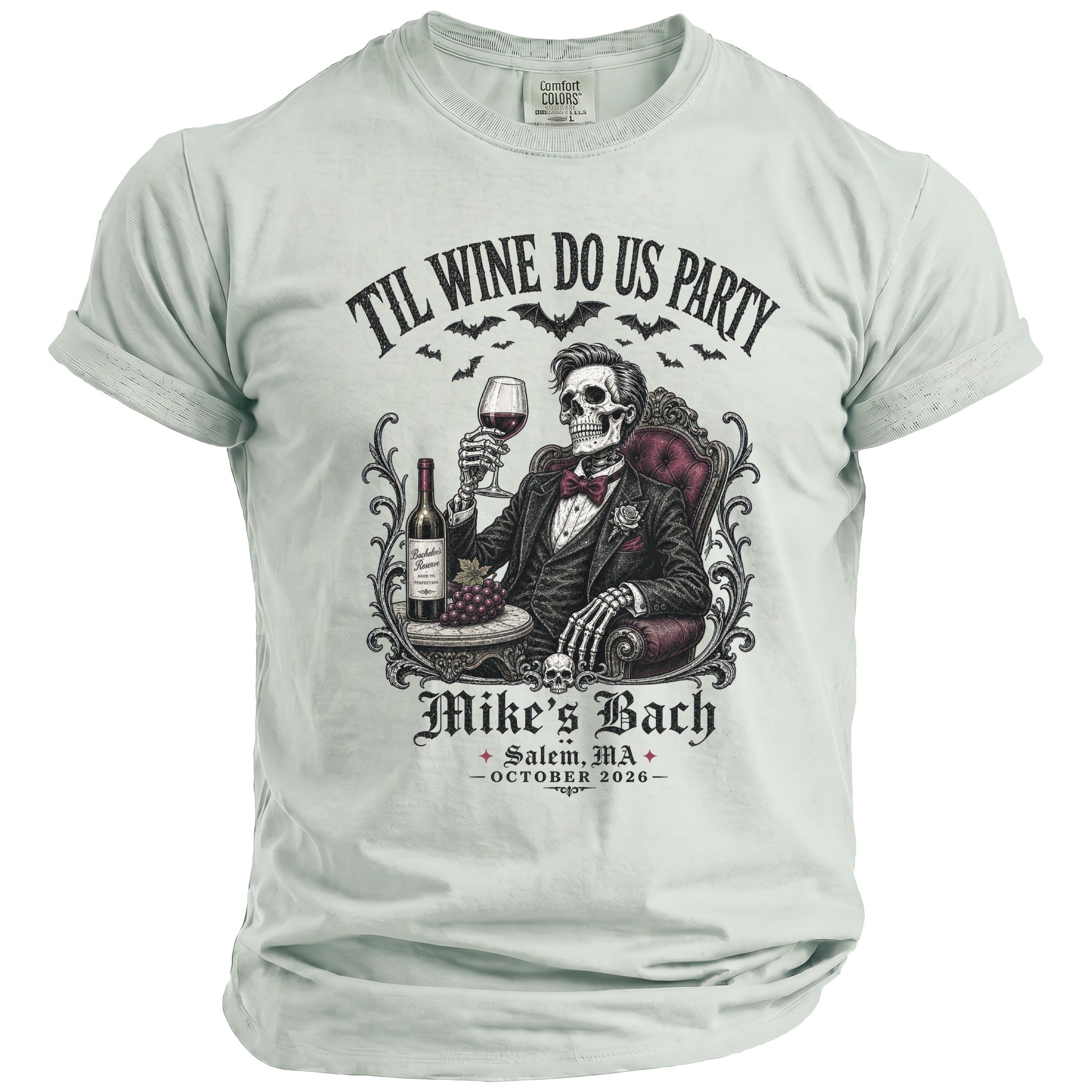 Skeleton in suit holding wine with text "Til Wine Do Us Party" and "Mike's Bach".