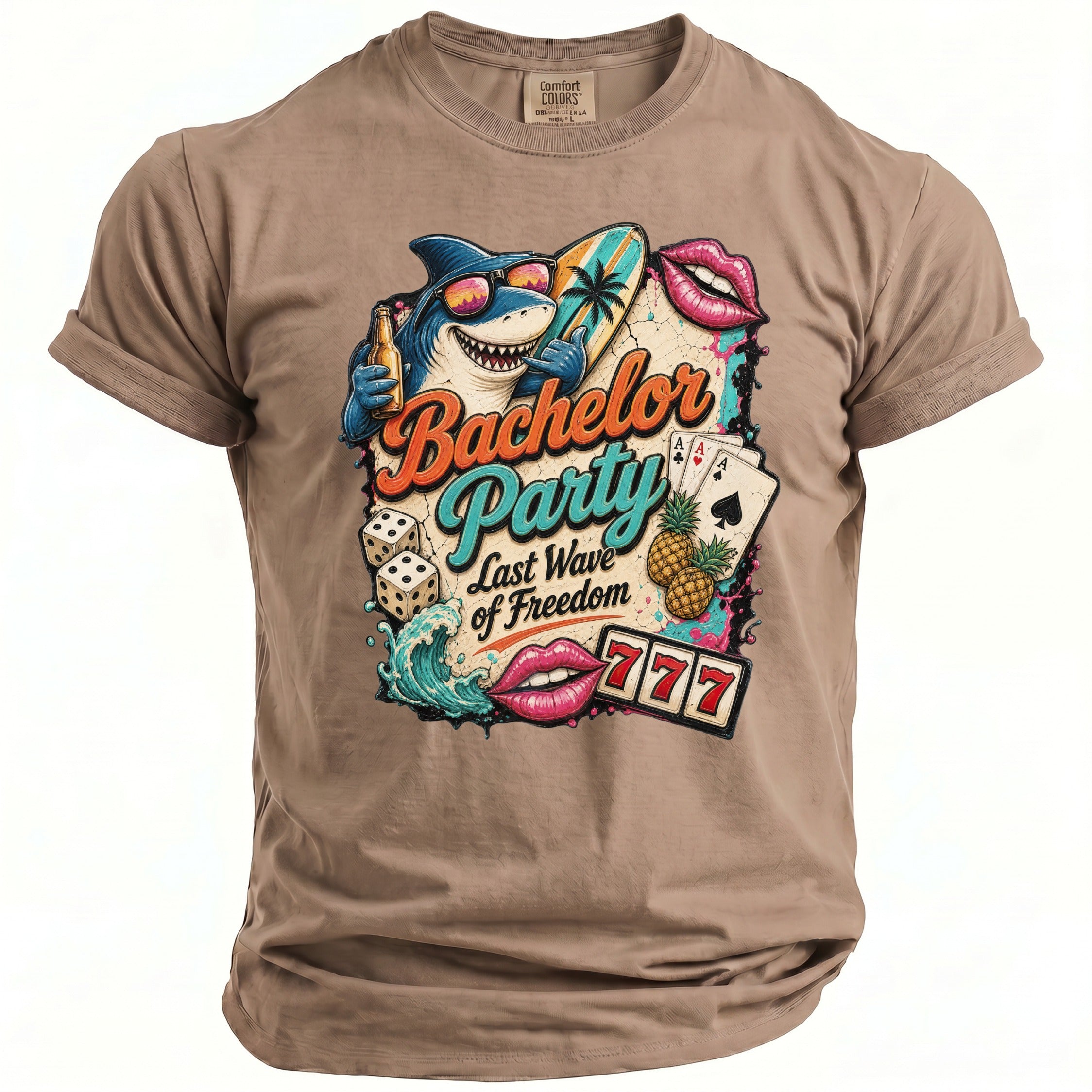 T-shirt graphic: Bachelor Party, Last Wave of Freedom, shark, surfboard, dice, cards, lips, pineapples, slot machine.