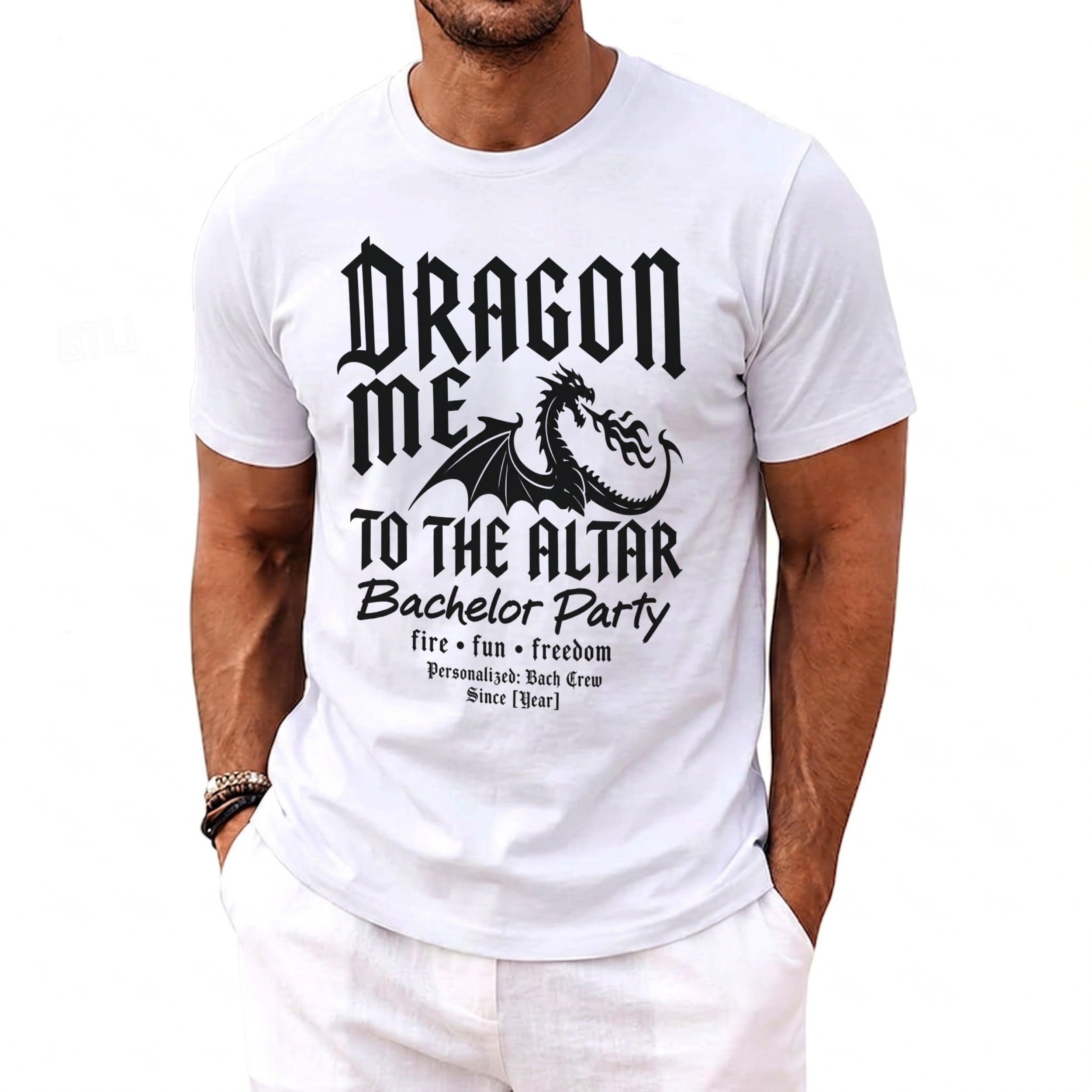 White t-shirt with black text and dragon graphic for "Dragon Me To The Altar Bachelor Party".
