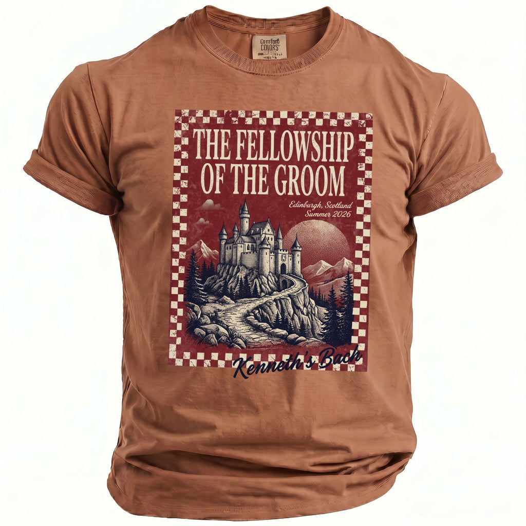 Brown t-shirt with "The Fellowship of the Groom" text and castle design.