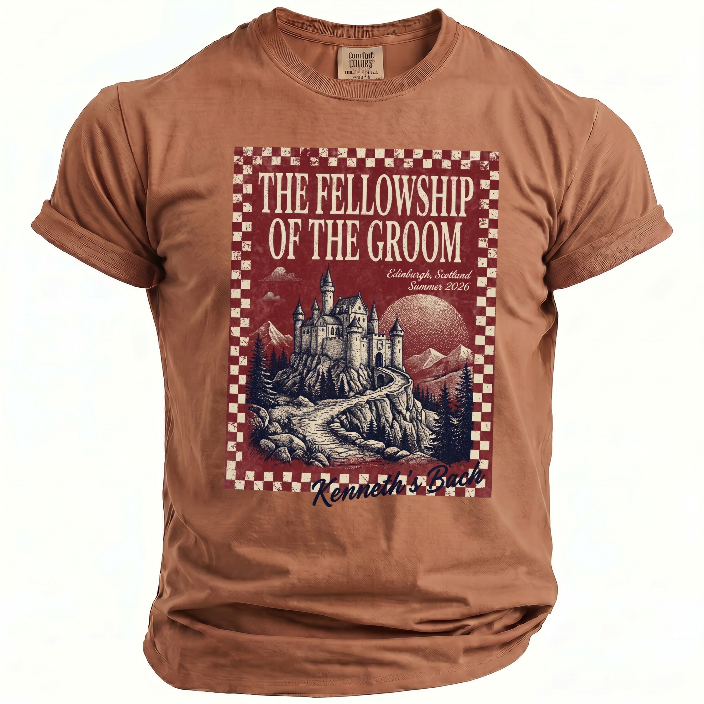 Brown t-shirt with "The Fellowship of the Groom" text and castle design.