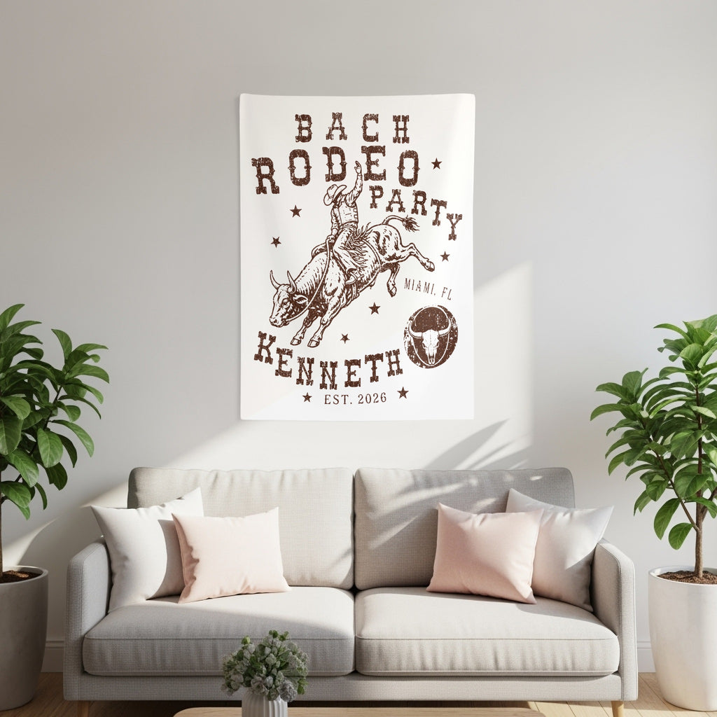 Rustic tapestry with bull rider, "Kenneth," "Bach Rodeo Party," and "Est. 2026."