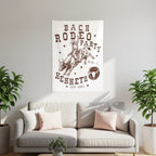 Rustic tapestry with bull rider, "Kenneth," "Bach Rodeo Party," and "Est. 2026."