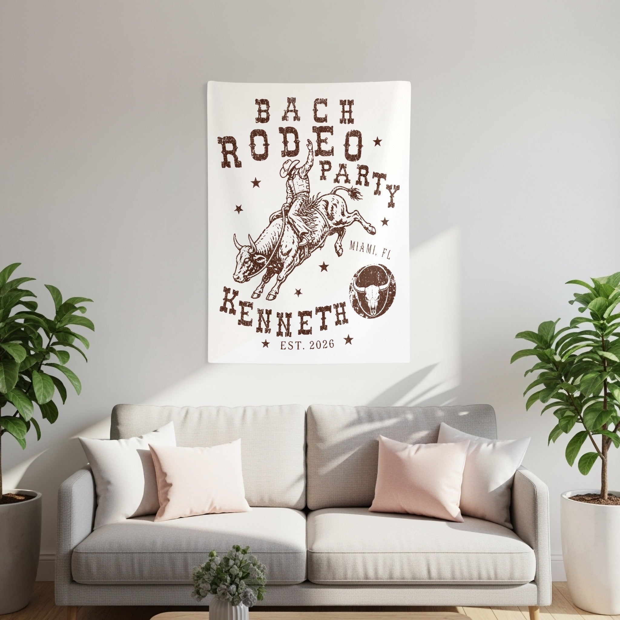 Rustic tapestry with bull rider, "Kenneth," "Bach Rodeo Party," and "Est. 2026."