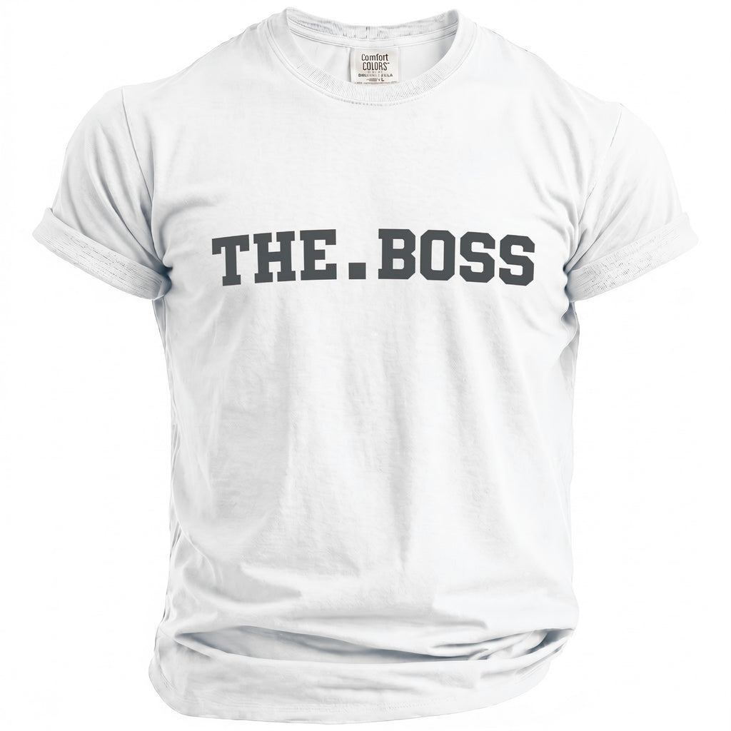 White Comfort Colors t-shirt with "THE.BOSS" printed in gray block letters.