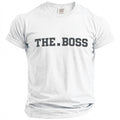 White Comfort Colors t-shirt with "THE.BOSS" printed in gray block letters.
