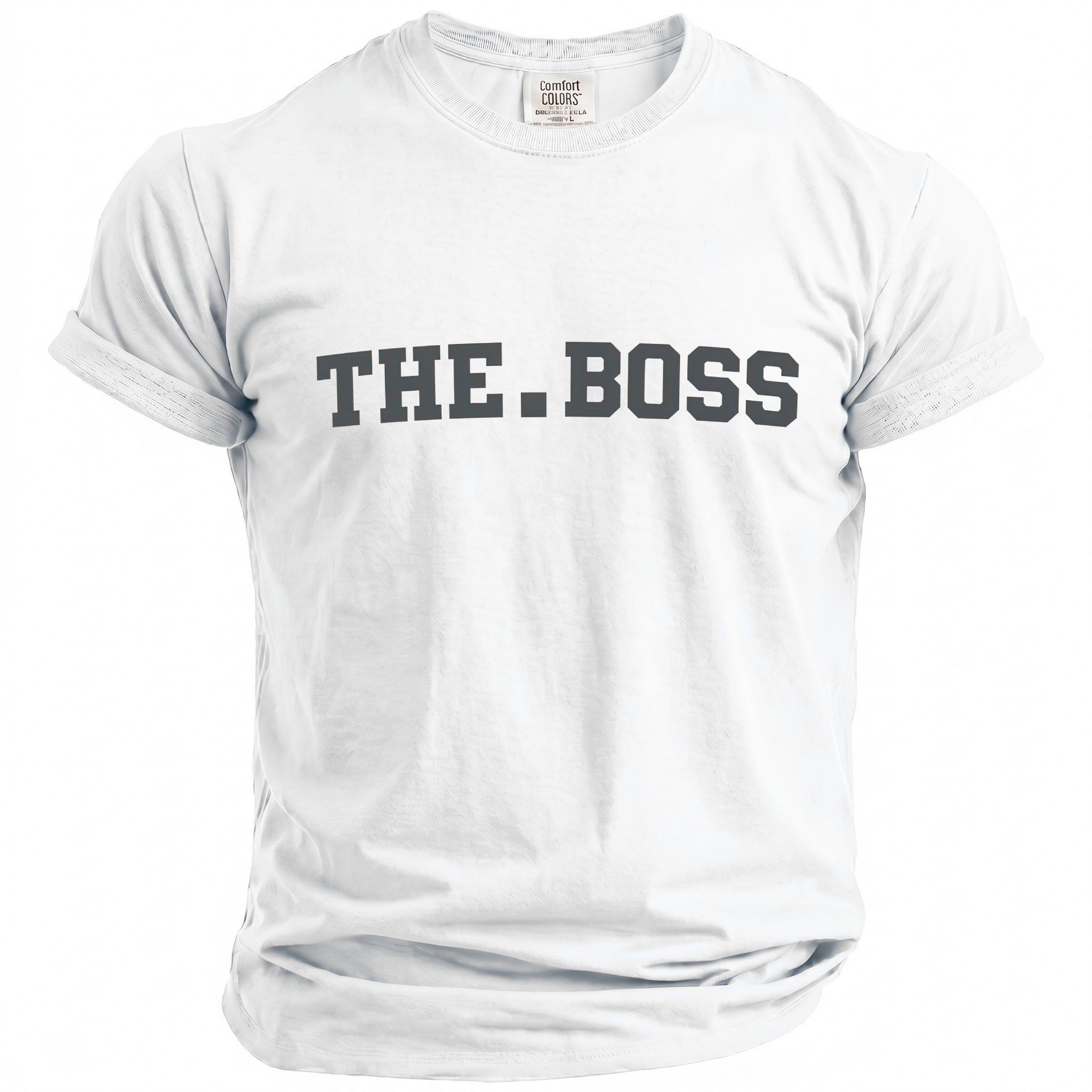 White Comfort Colors t-shirt with "THE.BOSS" printed in gray block letters.