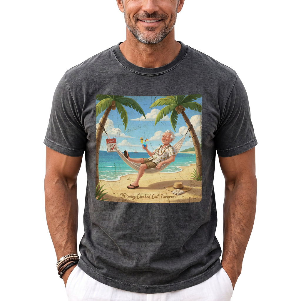 Illustration of man relaxing in hammock on beach with text "Officially Clocked Out Forever!"