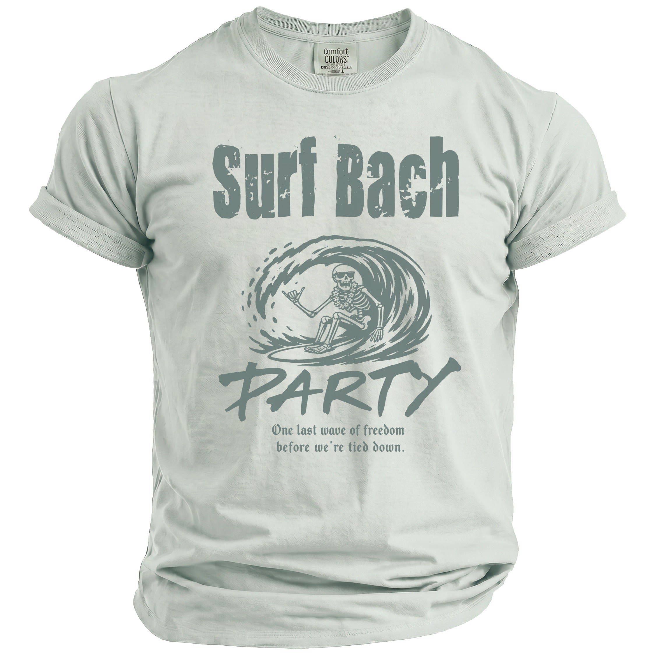 Light grey t-shirt with "Surf Bach PARTY" text and skeleton surfer graphic.