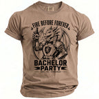 T-shirt with graphic of armored dragon holding beer, "Fire Before Forever Bachelor Party" text.