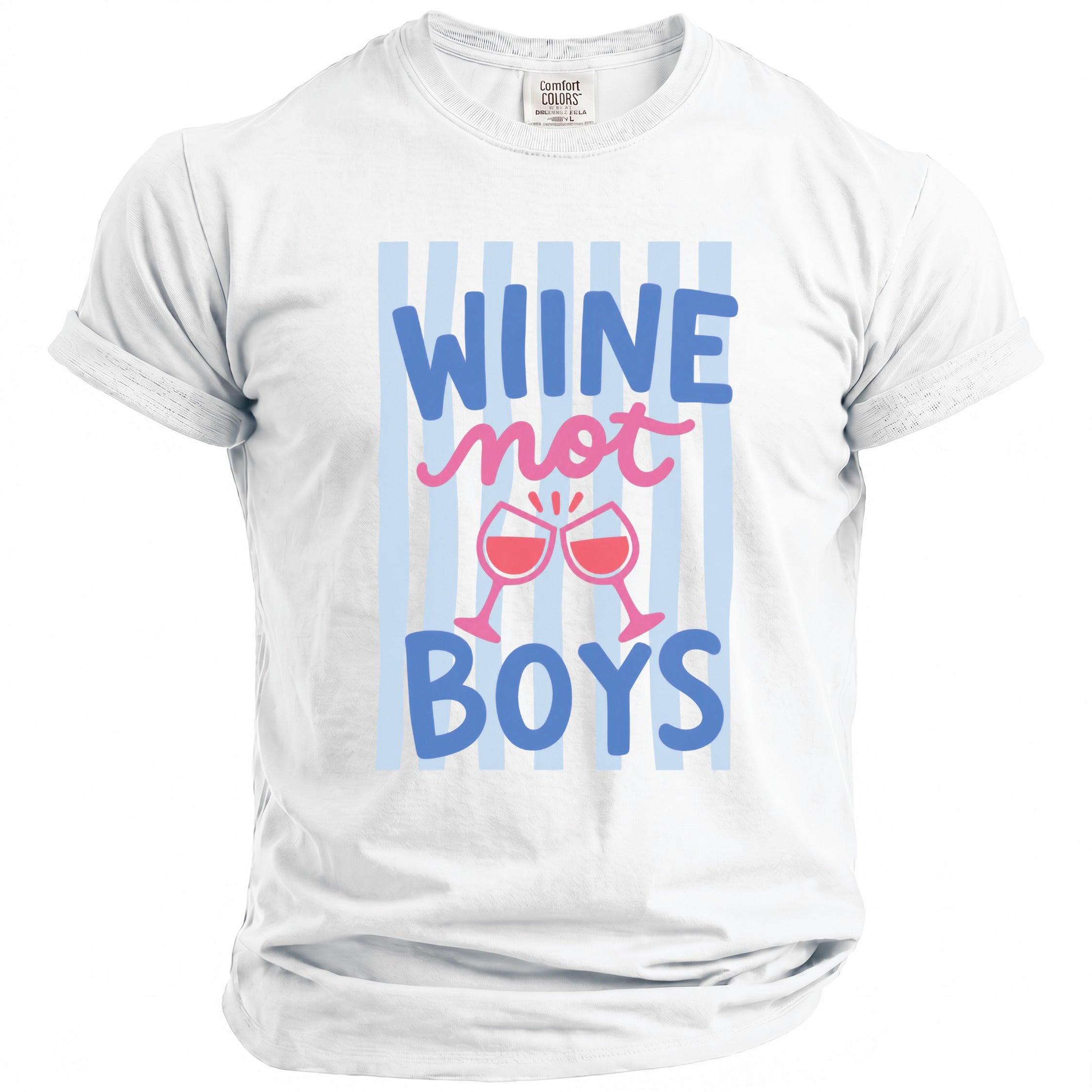 White t-shirt with "WINE not BOYS" text and two clinking wine glasses.