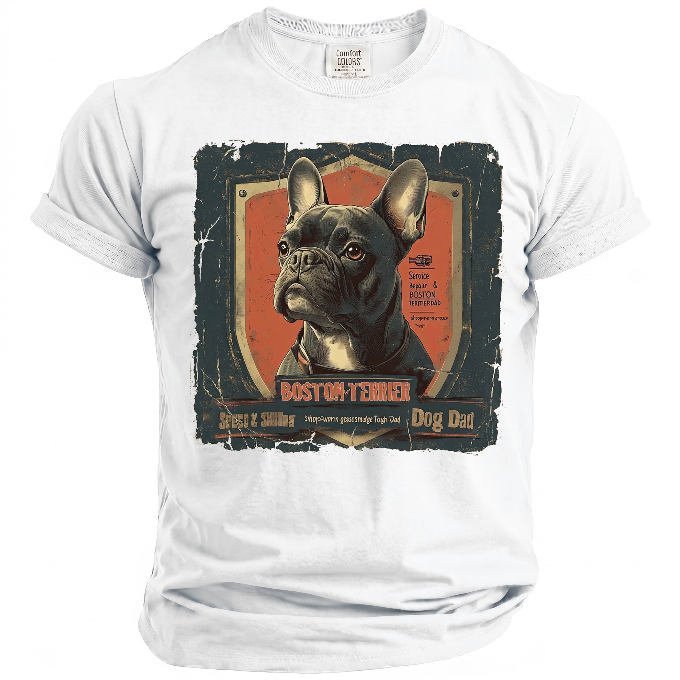 White t-shirt with distressed Boston Terrier graphic, "Dog Dad" text.