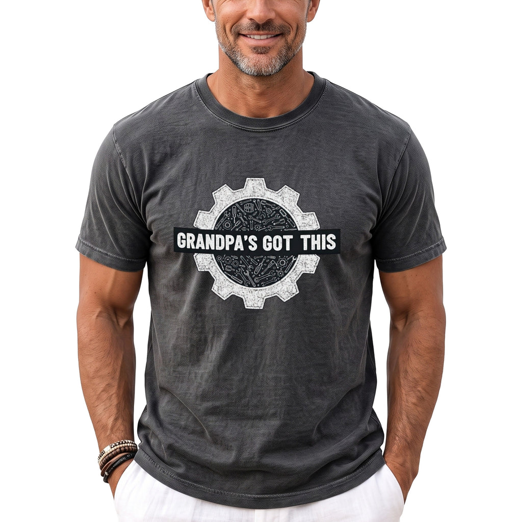 Dark gray t-shirt with "Grandpa's Got This" text inside a gear graphic.