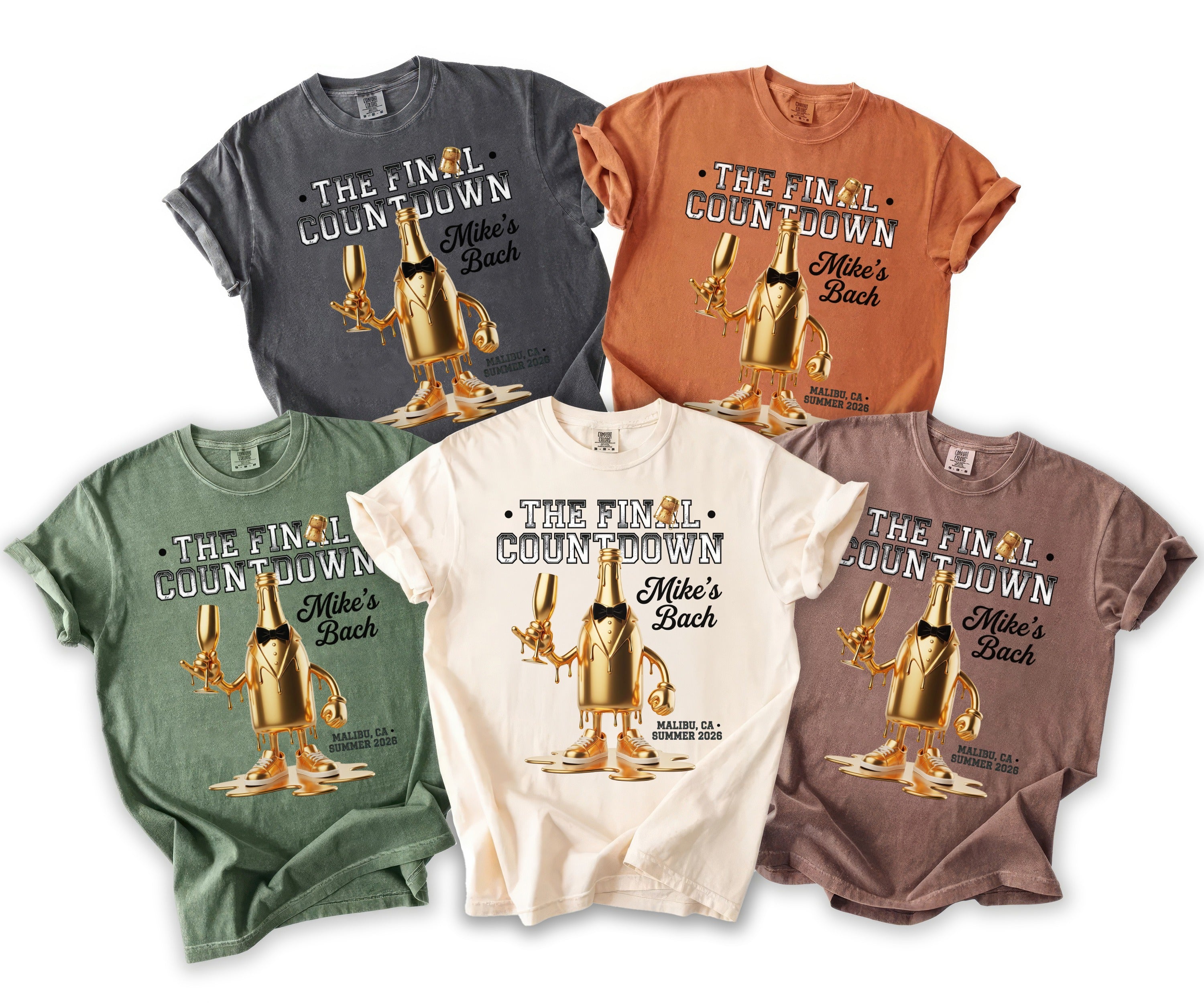 T-shirts feature "The Final Countdown Mike's Bach" graphic with a champagne bottle.