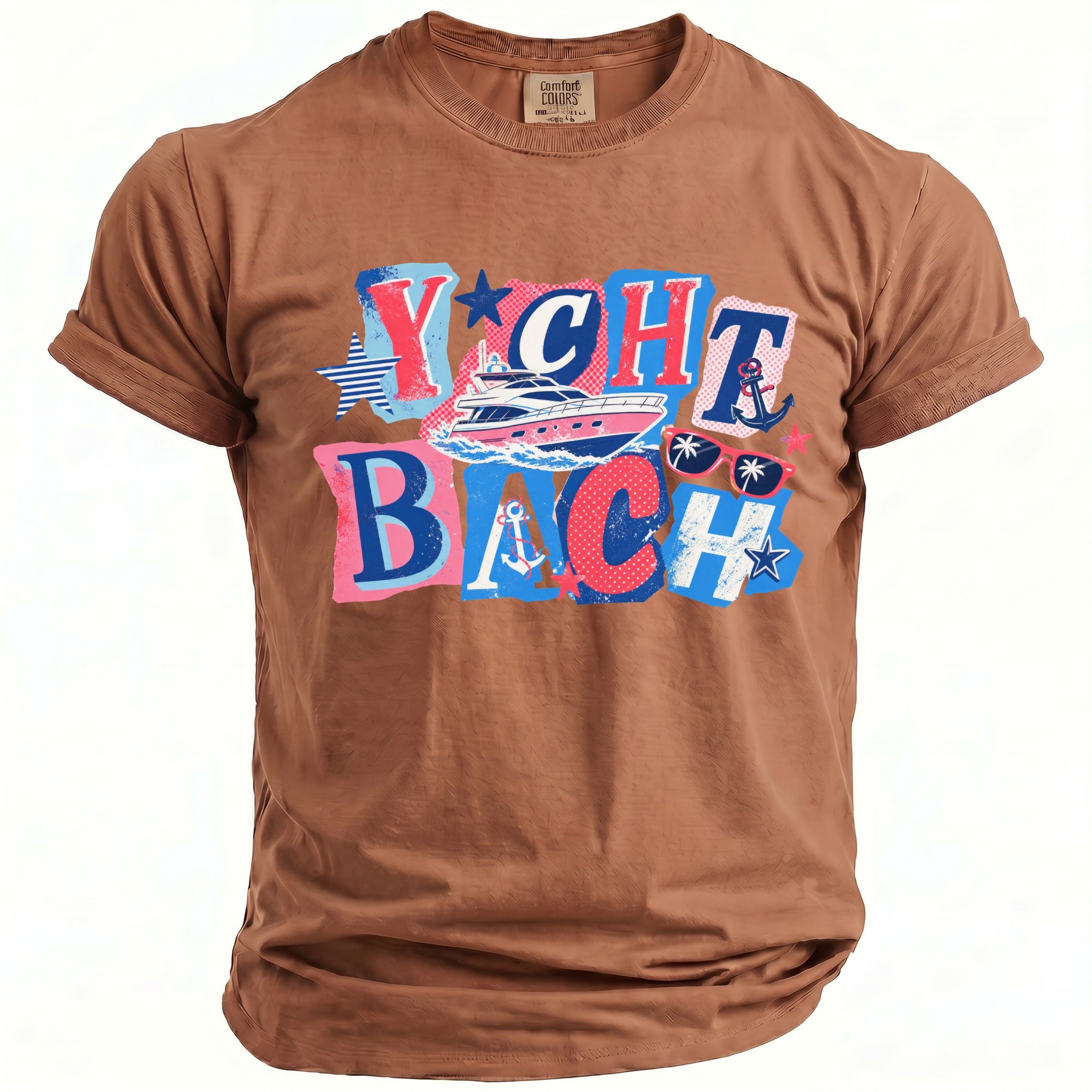 Brown short-sleeve t-shirt with a blue and pink graphic print reading "Yacht Bach" and featuring a yacht, anchor, and sunglasses.