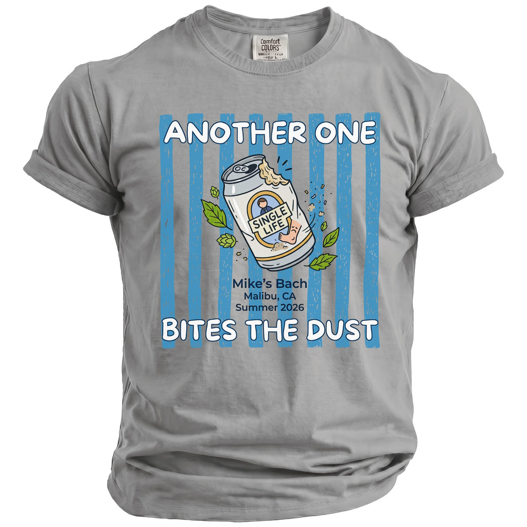 Shirt with "Another One Bites The Dust" text and a beer can graphic.