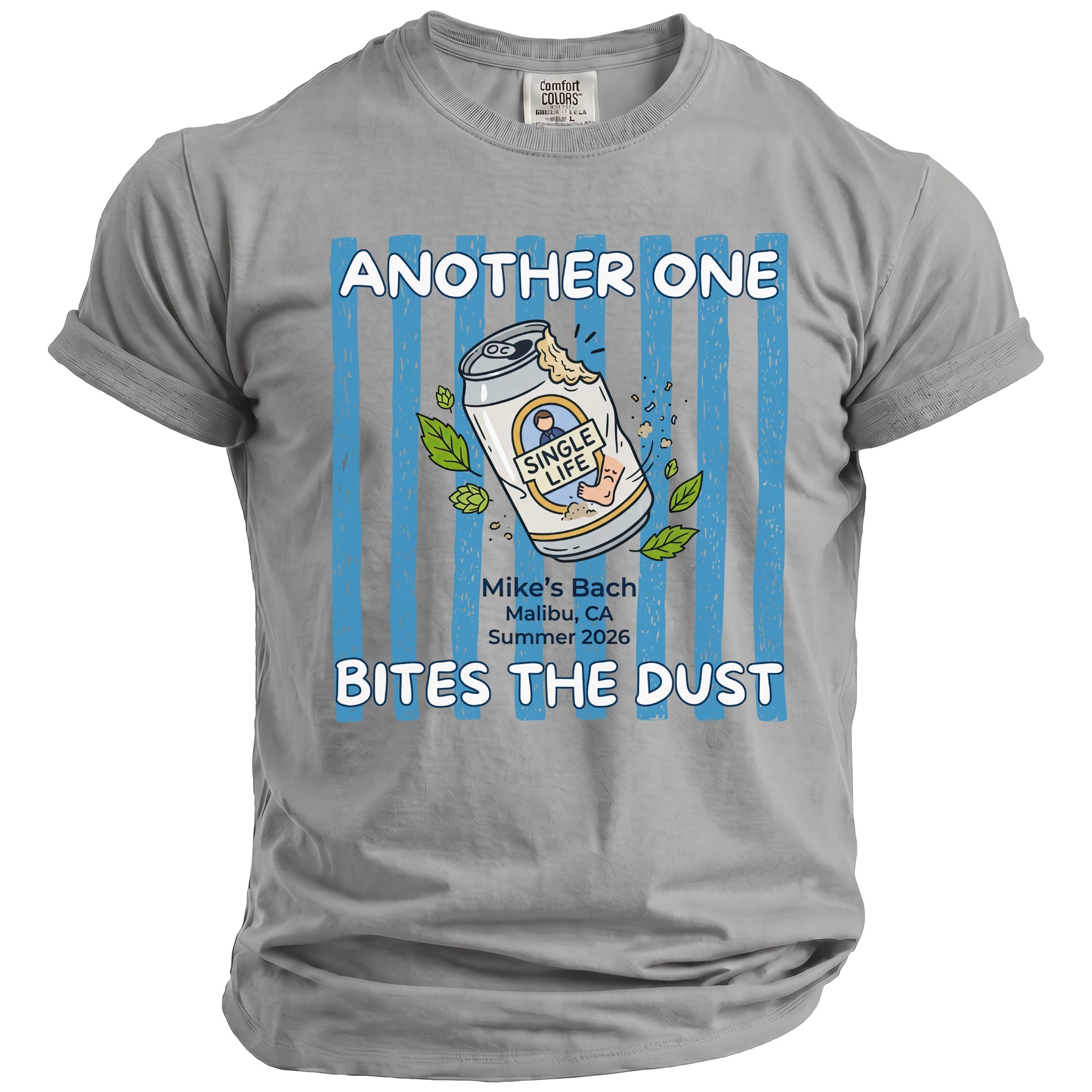 Shirt with "Another One Bites The Dust" text and a beer can graphic.