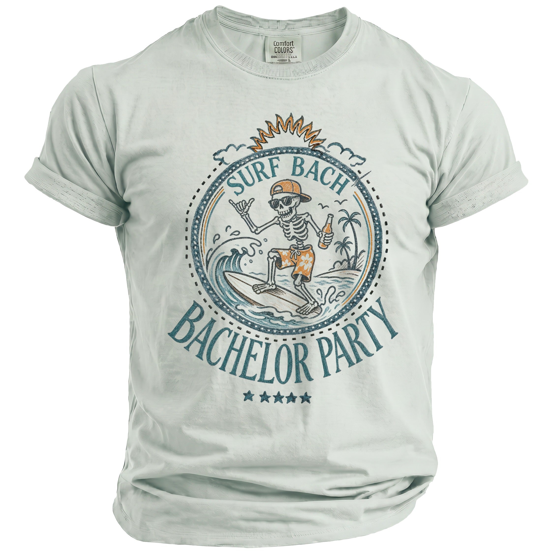 Light gray t-shirt with skeleton surfing design and "Surf Bach Bachelor Party" text.