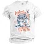White t-shirt with "Last call," "Best Man in Charge of Bad Decisions," and "No Regrets" graphics.