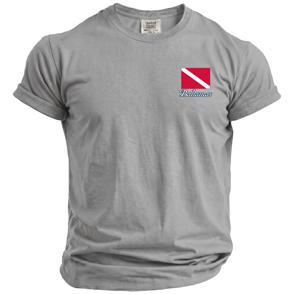 Grey t-shirt with red and white diver down flag and "Bahamas" text.