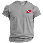 Grey t-shirt with red and white diver down flag and "Bahamas" text.