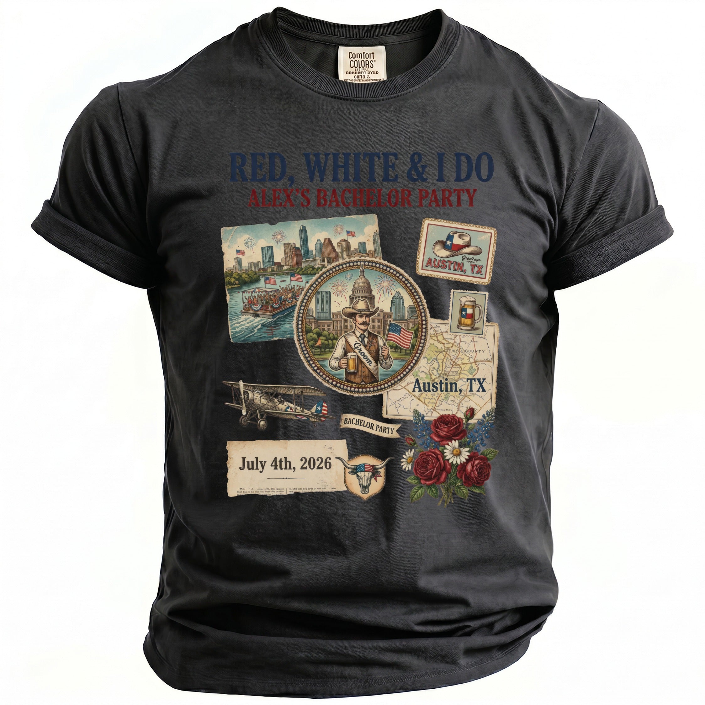 T-shirt with "Red, White & I Do Alex's Bachelor Party" and Austin, TX graphics.