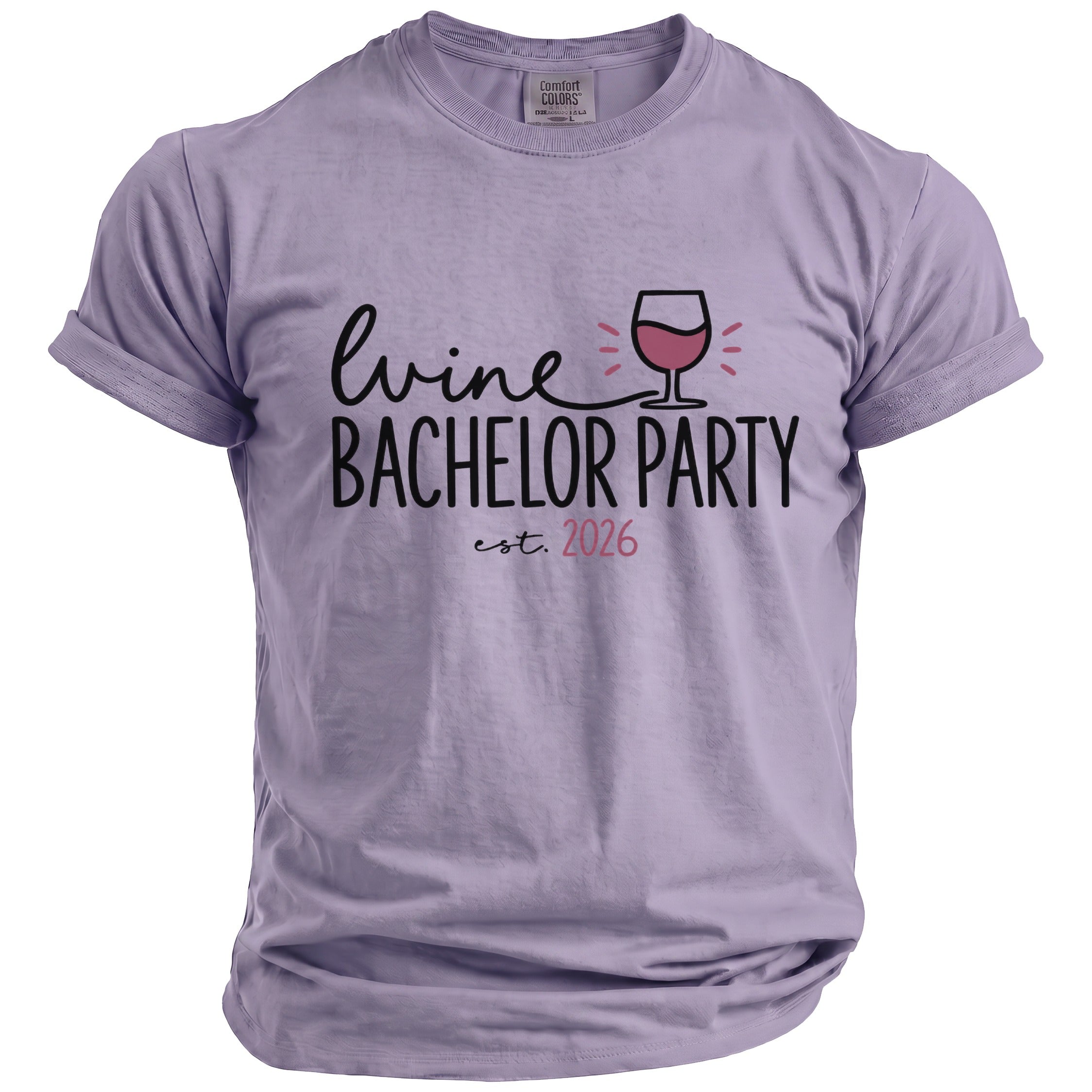 Lavender t-shirt with "Wine Bachelor Party est. 2026" graphic and wine glass.