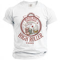 White t-shirt with "Dealing With Commitment High Roller" text and poker graphics.