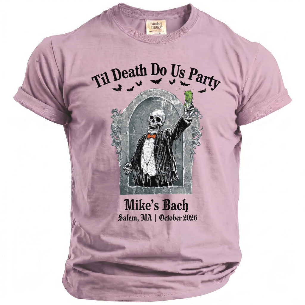 T-shirt with skeleton in suit holding green drink, "Til Death Do Us Party" and "Mike's Bach Salem, MA | October 2026".