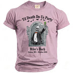T-shirt with skeleton in suit holding green drink, "Til Death Do Us Party" and "Mike's Bach Salem, MA | October 2026".