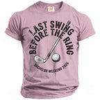 Pink t-shirt with "Last Swing Before The Ring Bachelor Weekend 2026" text and golf club.