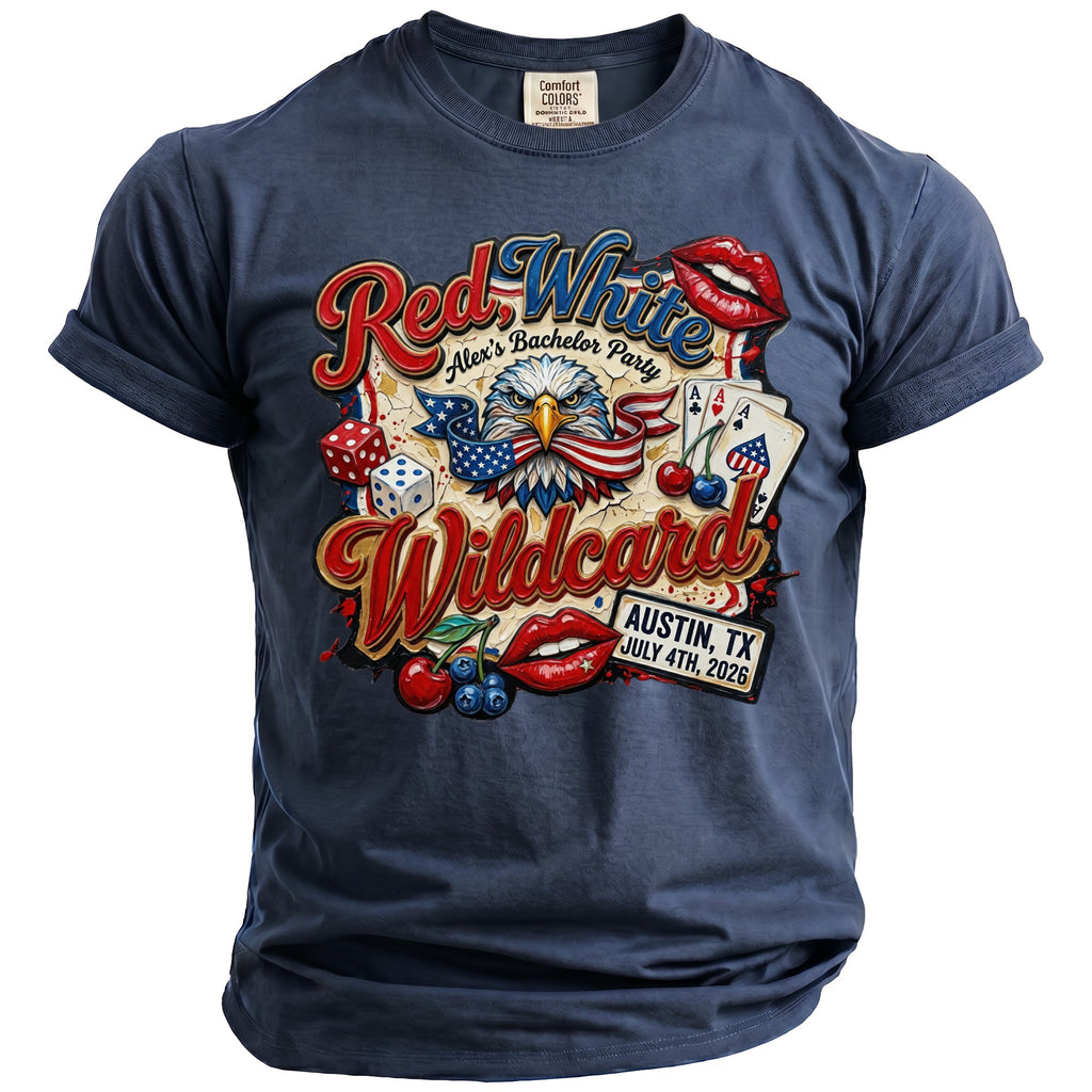 T-shirt with "Red, White, Wildcard" graphic, eagle, and Austin, TX July 4th, 2026.