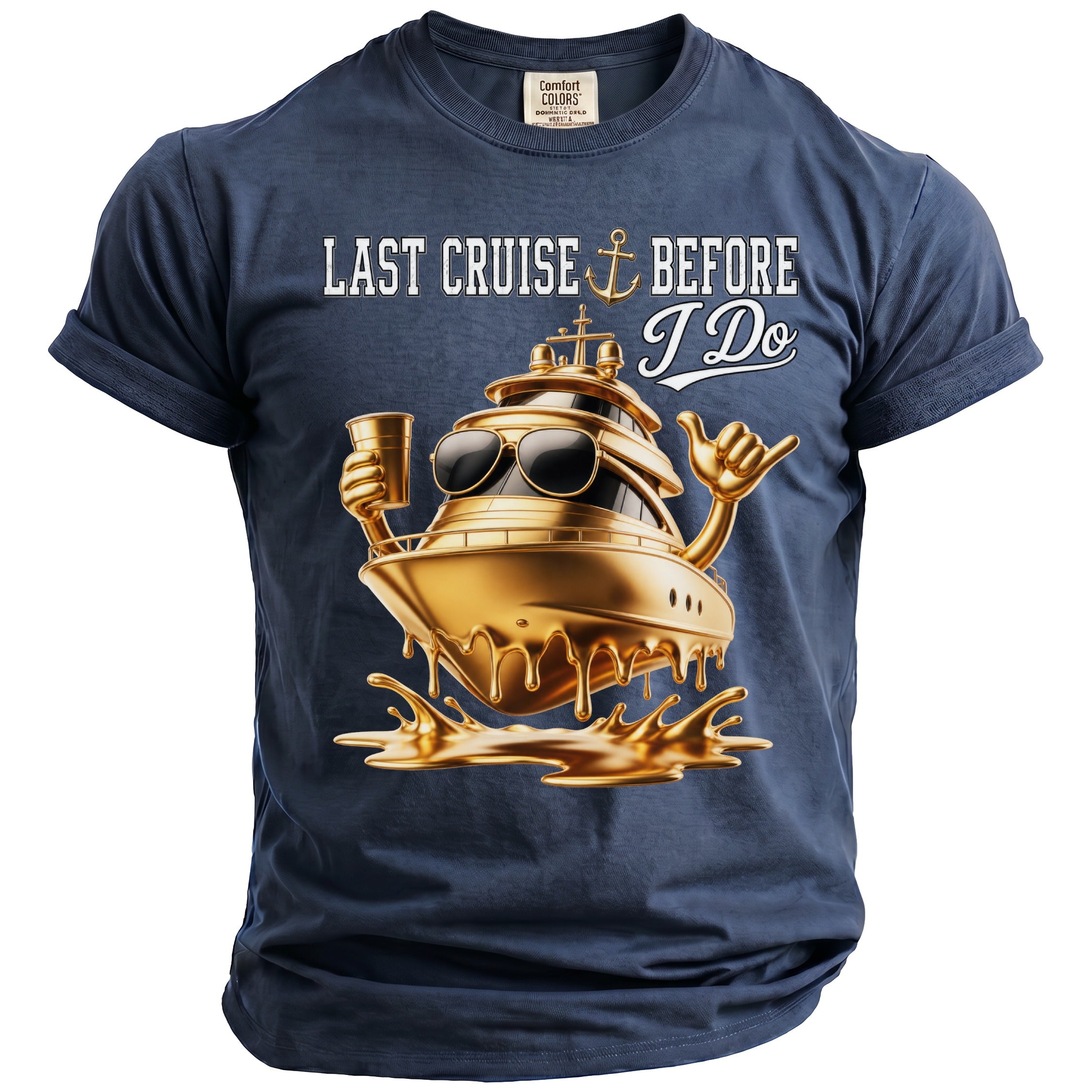Navy t-shirt with gold boat graphic and text "LAST CRUISE BEFORE I Do."