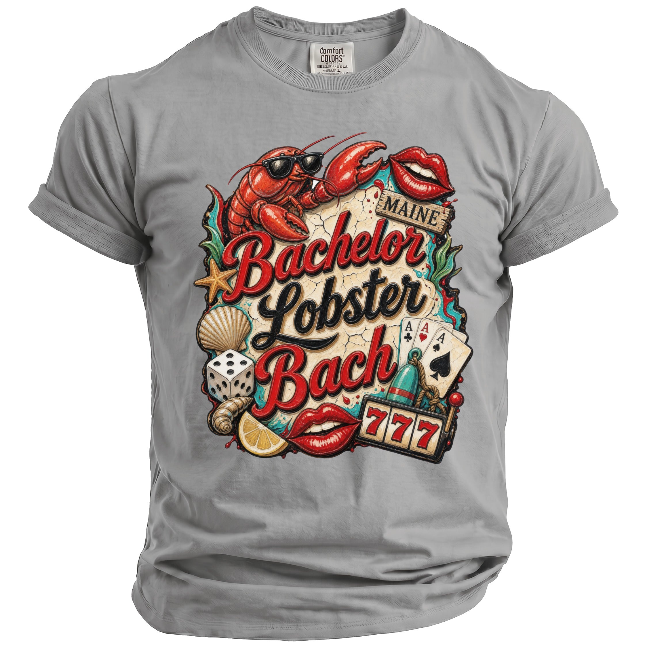 T-shirt with "Bachelor Lobster Bach Maine" text, lobster, dice, and slot machine graphics.