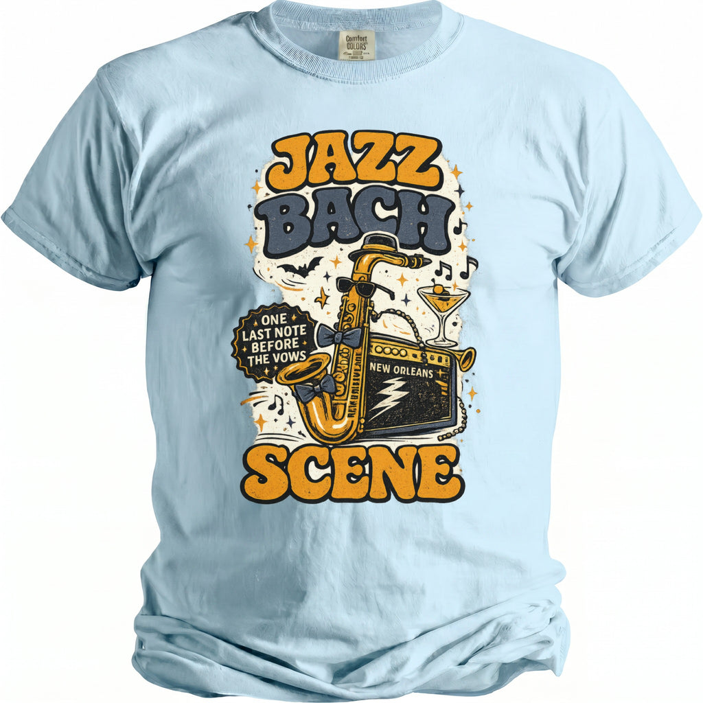 Light blue t-shirt with "Jazz Bach Scene" text, saxophone, amp, and cocktail.