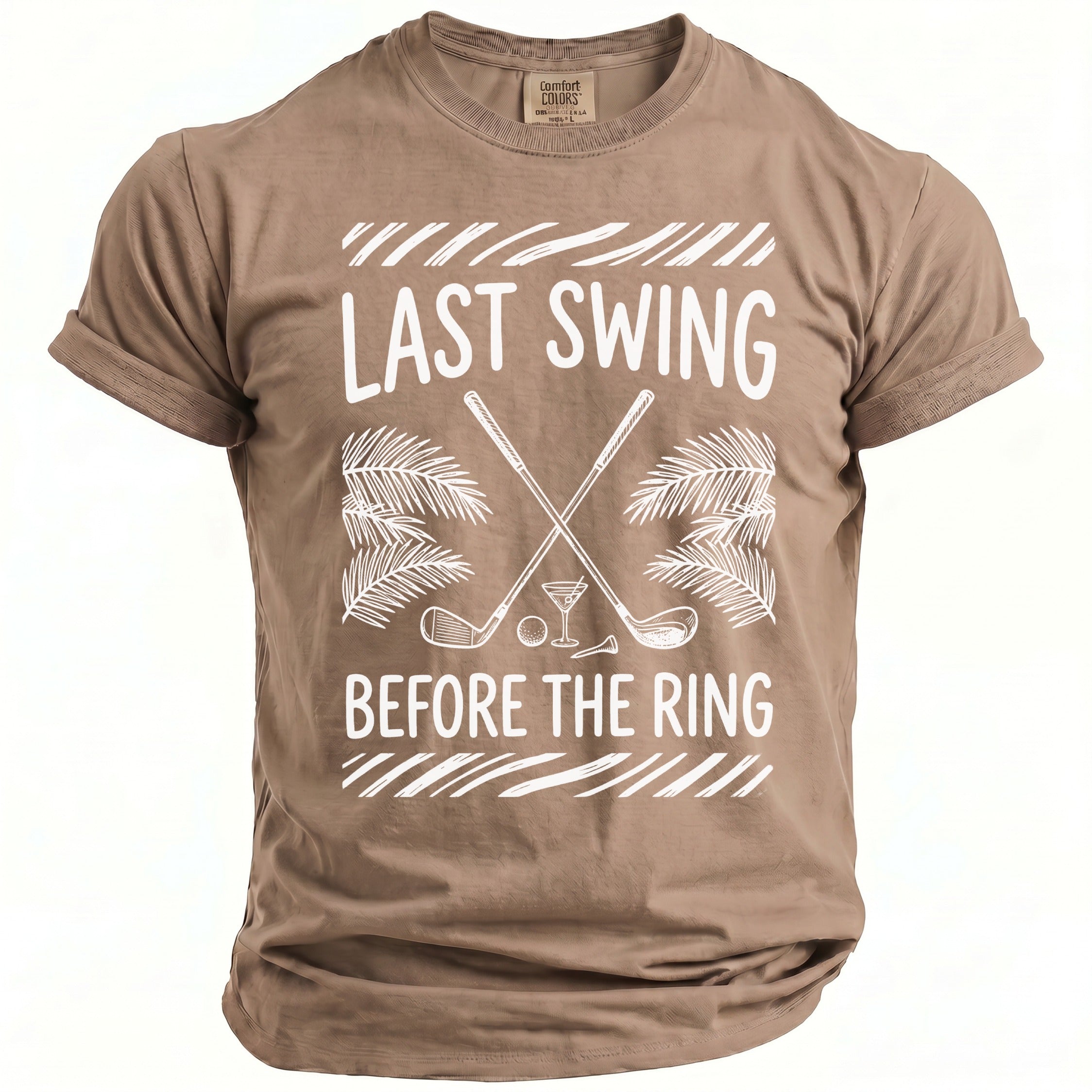 T-shirt with "Last Swing Before the Ring" text and golf graphics.