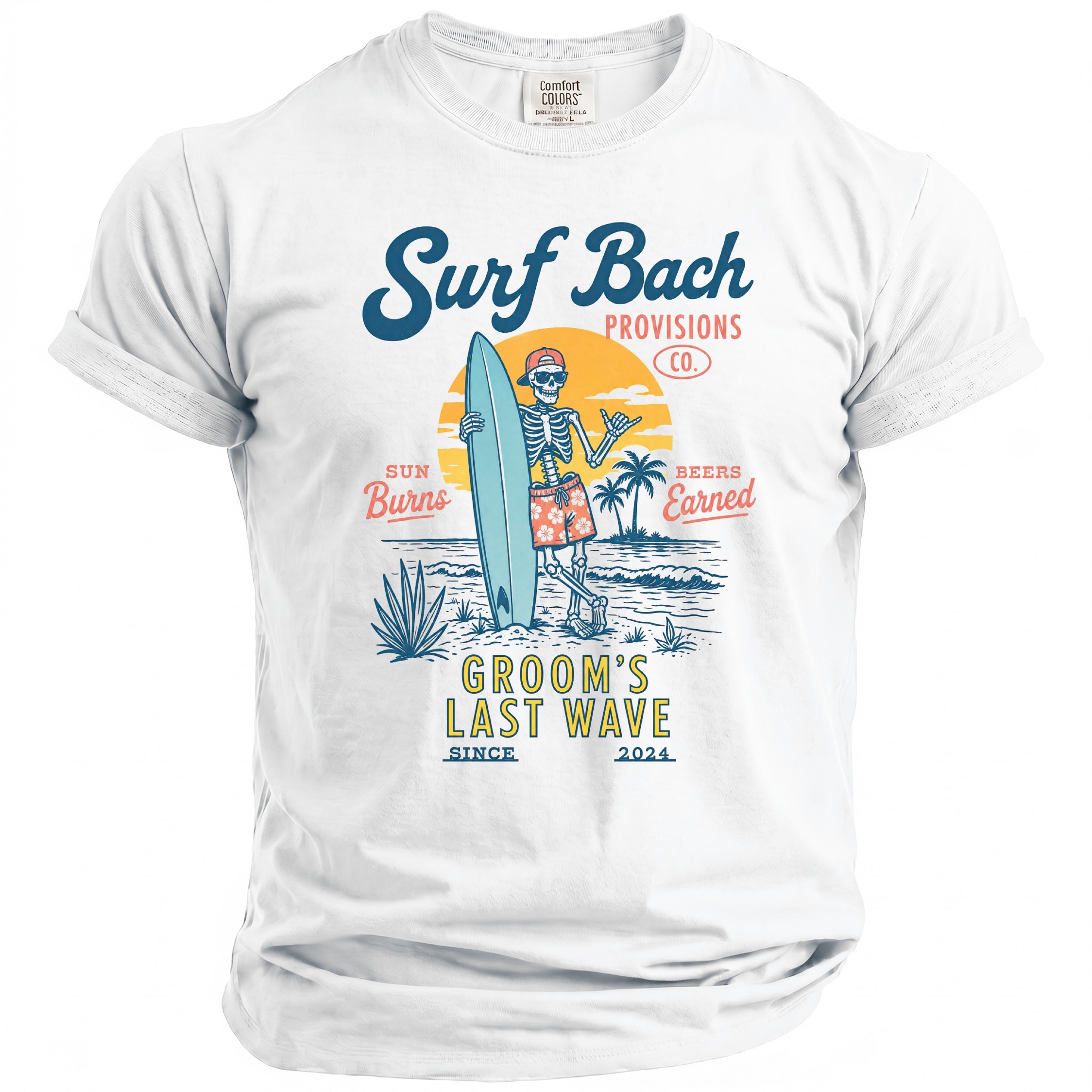 White t-shirt with "Surf Bach Provisions Co." and "Groom's Last Wave" graphic.
