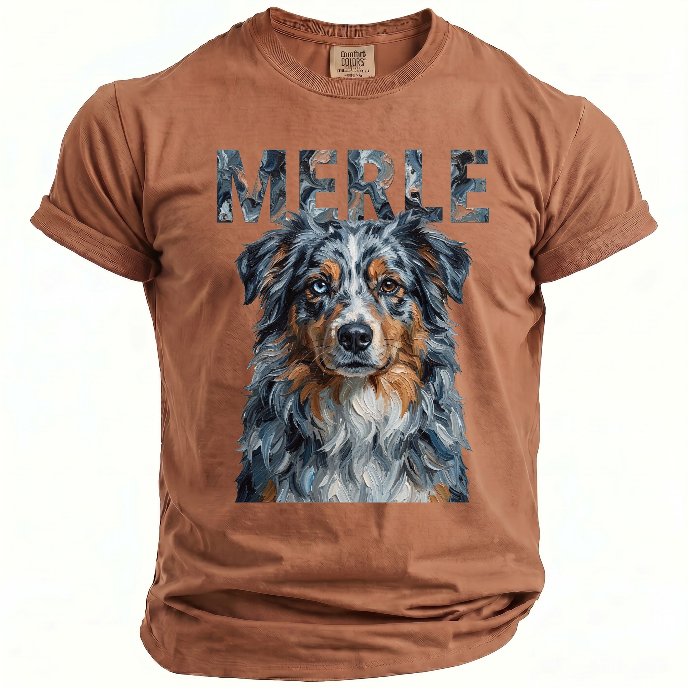 Brown t-shirt with "MERLE" text and an Australian Shepherd dog portrait.