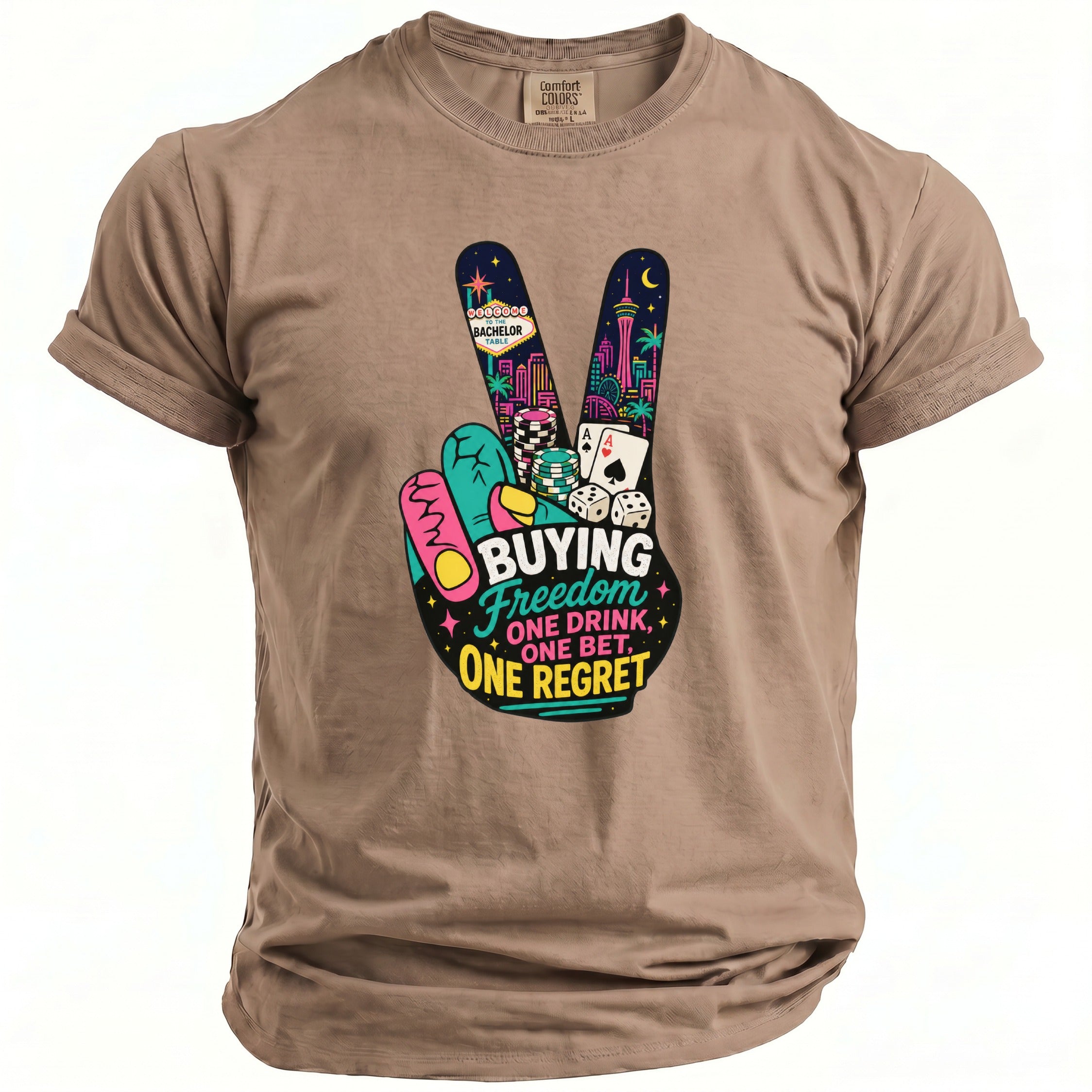 T-shirt with a peace sign graphic featuring Las Vegas, casino chips, dice, and cards.