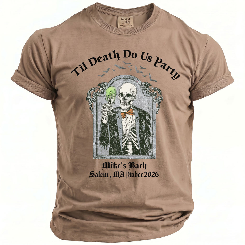 T-shirt with skeleton, green drink, bow tie, "Til Death Do Us Party," and event details.