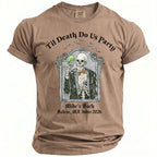 T-shirt with skeleton, green drink, bow tie, "Til Death Do Us Party," and event details.